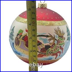 Vtg Handpainted Radko Style Santa & Reindeer Large Glass Ball Ornament 5