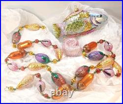 Vtg Lot of Handblown Glass Christopher Radko Ornaments Fish + Shell + Garland